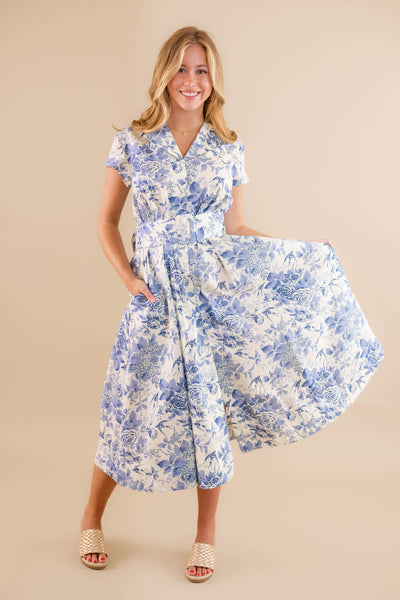 Floral Blue And White Midi Dress- Women's Belted Dress- AAKAA Dresses