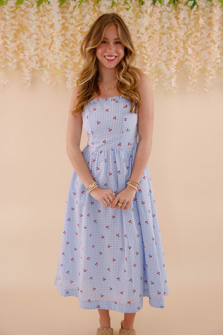 Cherry Print Gingham Dress- Women's Blue and White Gingham Midi Dress-  &Merci Dresses  Juliana's Boutique