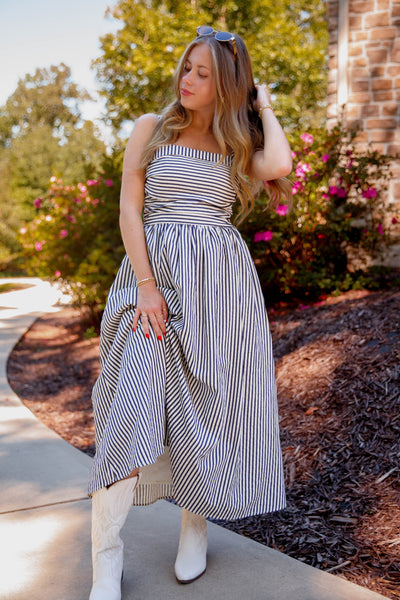 Women's Navy and Cream Striped Midi Dress- Classic Thin Striped Dress- TCEC Striped Dress