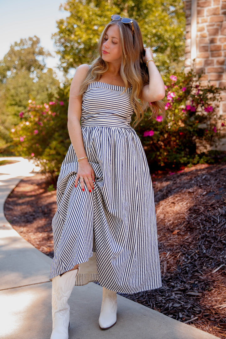 tight fitting parti striped dress Women's Navy and Cream Midi Dress- Classic Thin Striped Dress- TCEC Striped Large cf-womens-size-euro-42-us-10-5 exploring the world Elegant Black Ears-Embellished Wedding Color:775