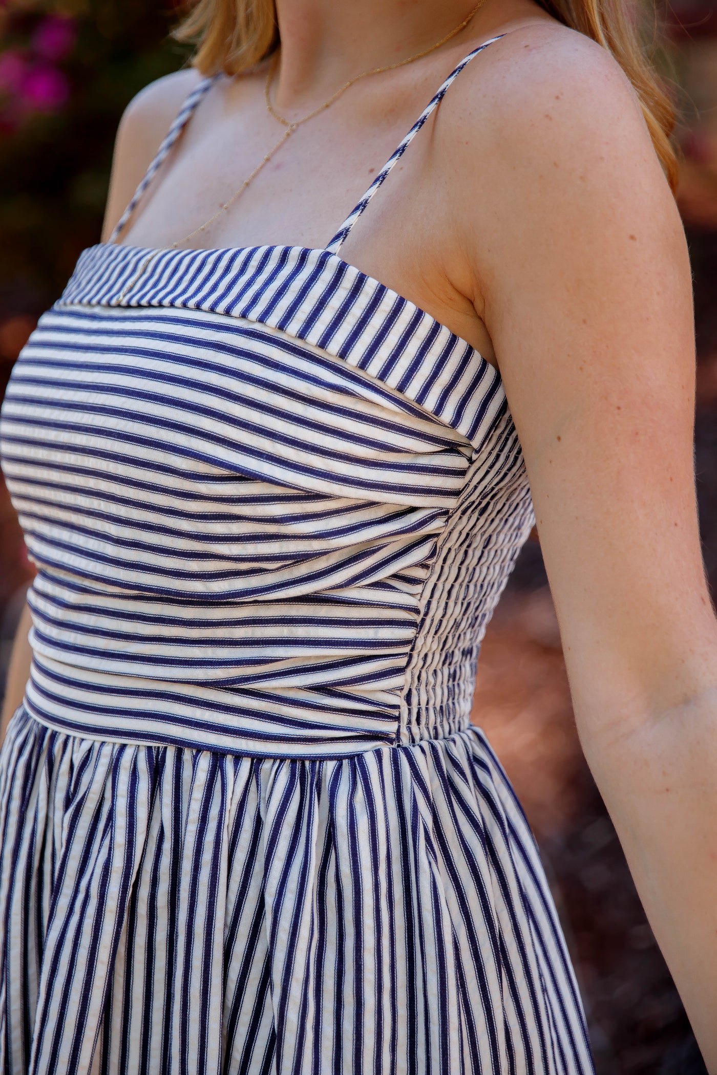 Women's Navy and Cream Striped Midi Dress- Classic Thin Striped Dress- TCEC Striped Dress