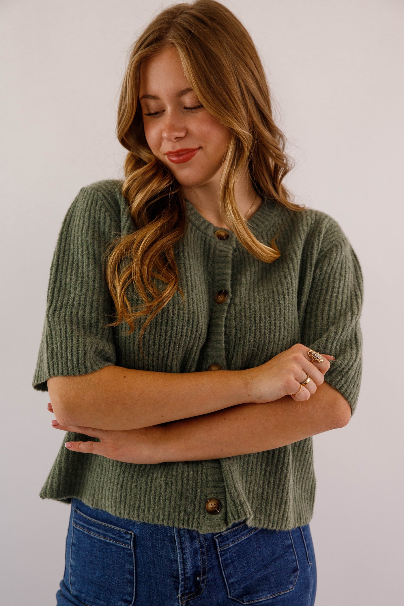 Women's Olive Green Button Up Cardigan-  Classic Olive Short Sleeved Cardigan- Miss Love Olive Cardigan