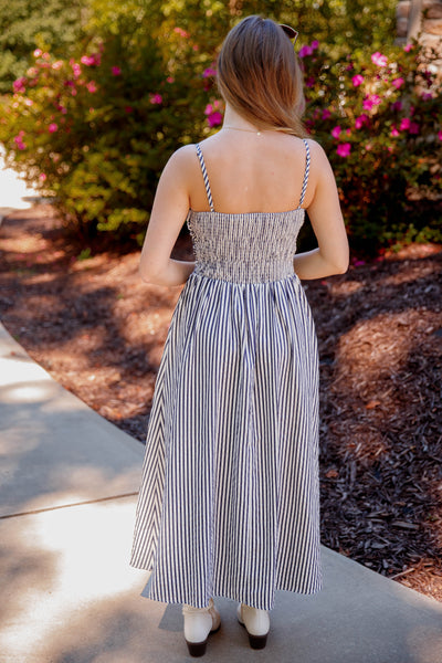 Women's Navy and Cream Striped Midi Dress- Classic Thin Striped Dress- TCEC Striped Dress