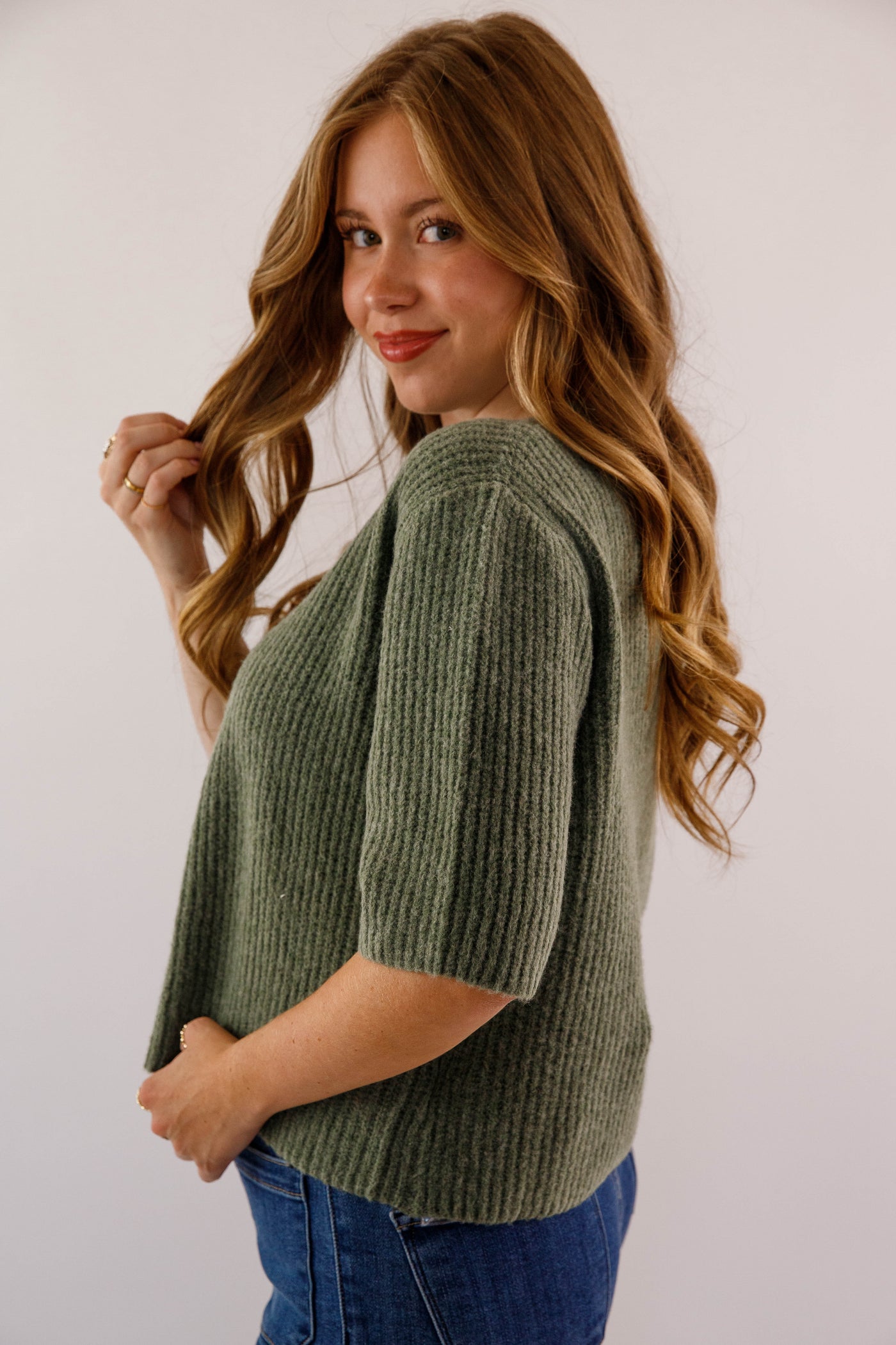 Women's Olive Green Button Up Cardigan-  Classic Olive Short Sleeved Cardigan- Miss Love Olive Cardigan