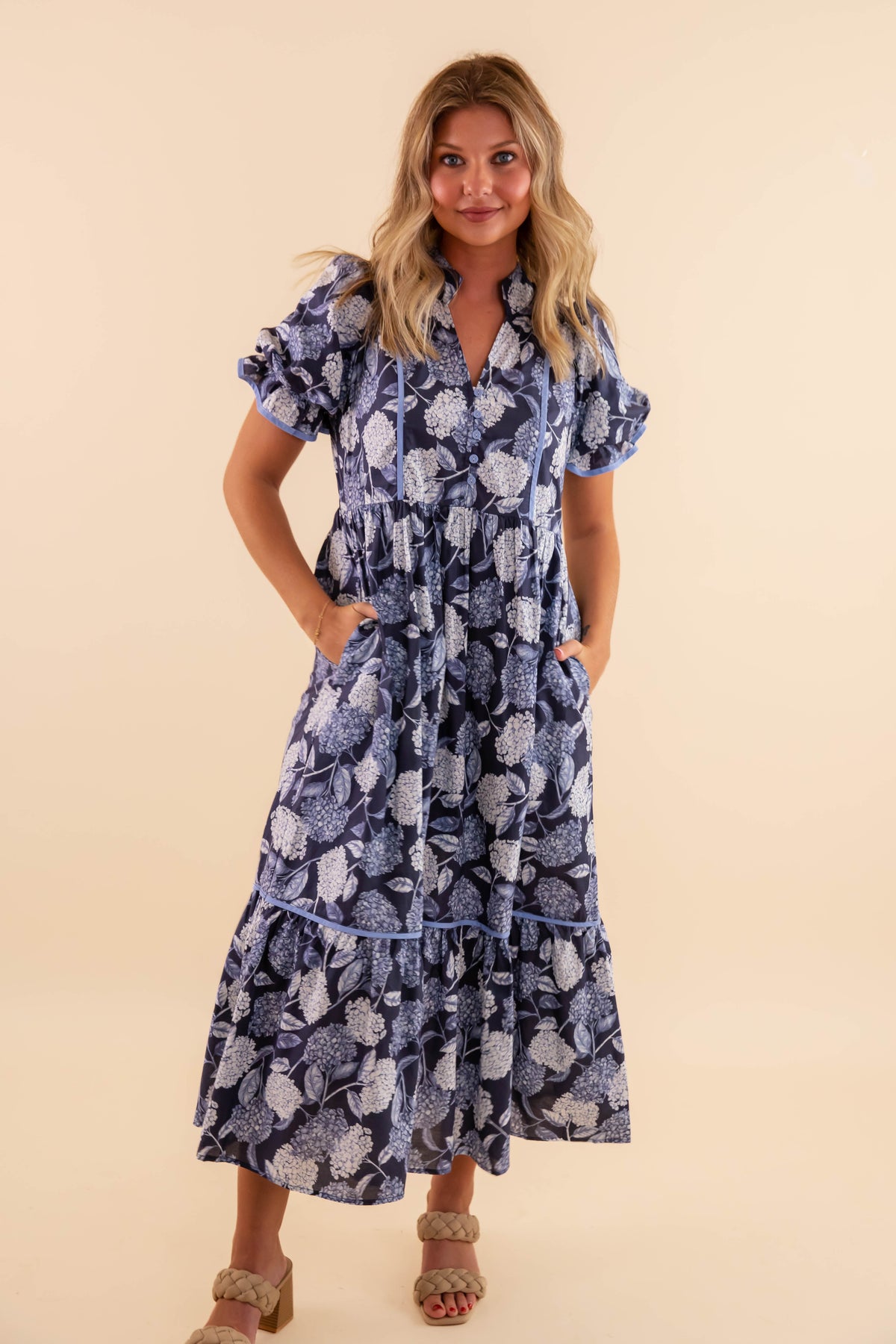 Blue Hydrangea Floral Print Midi Dress- Women's Navy Floral Dress- Entro Dresses Juliana's Boutique Blue Hydrangea Floral Print Midi Dress- Women's Navy Floral Dress- Entro Dresses Juliana's Boutique