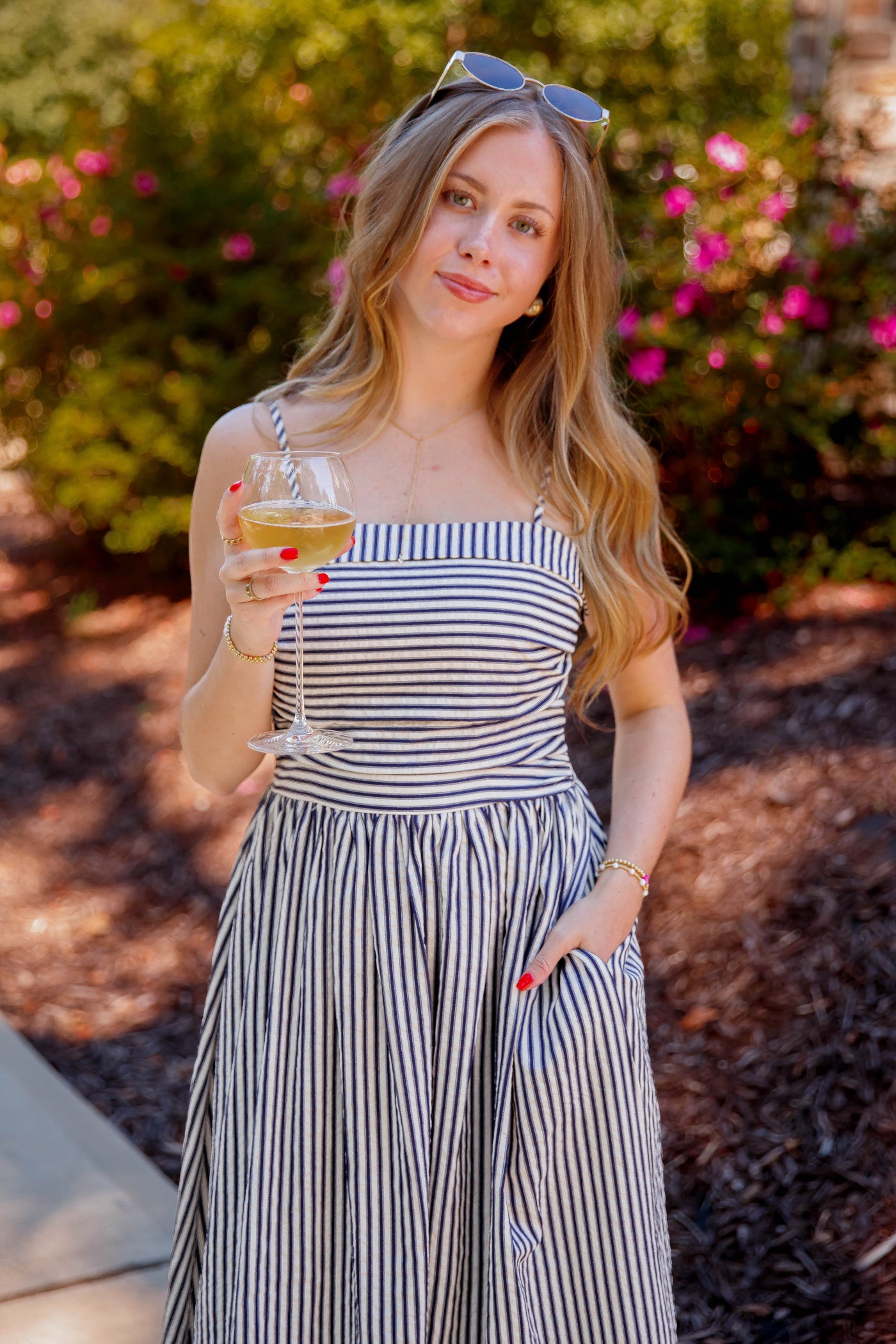 Women's Navy and Cream Striped Midi Dress- Classic Thin Striped Dress- TCEC Striped Dress