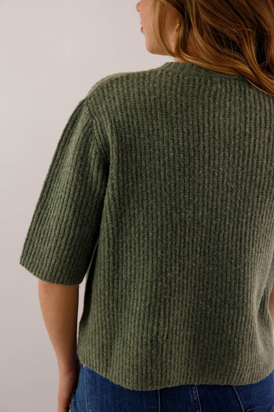 Women's Olive Green Button Up Cardigan-  Classic Olive Short Sleeved Cardigan- Miss Love Olive Cardigan