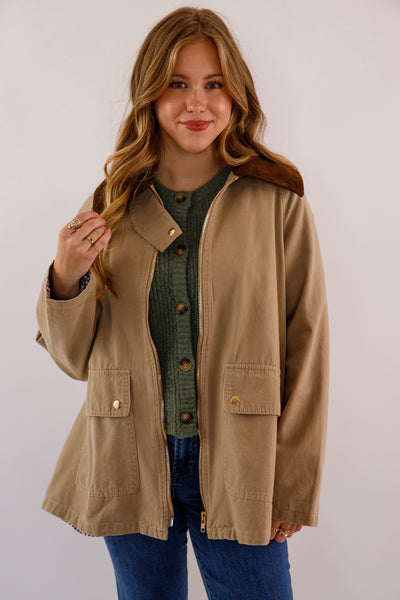 Women's Khaki Zip of Jacket- Women's Casual Jacket- In Loom Khaki Jacket with Gingham Lining