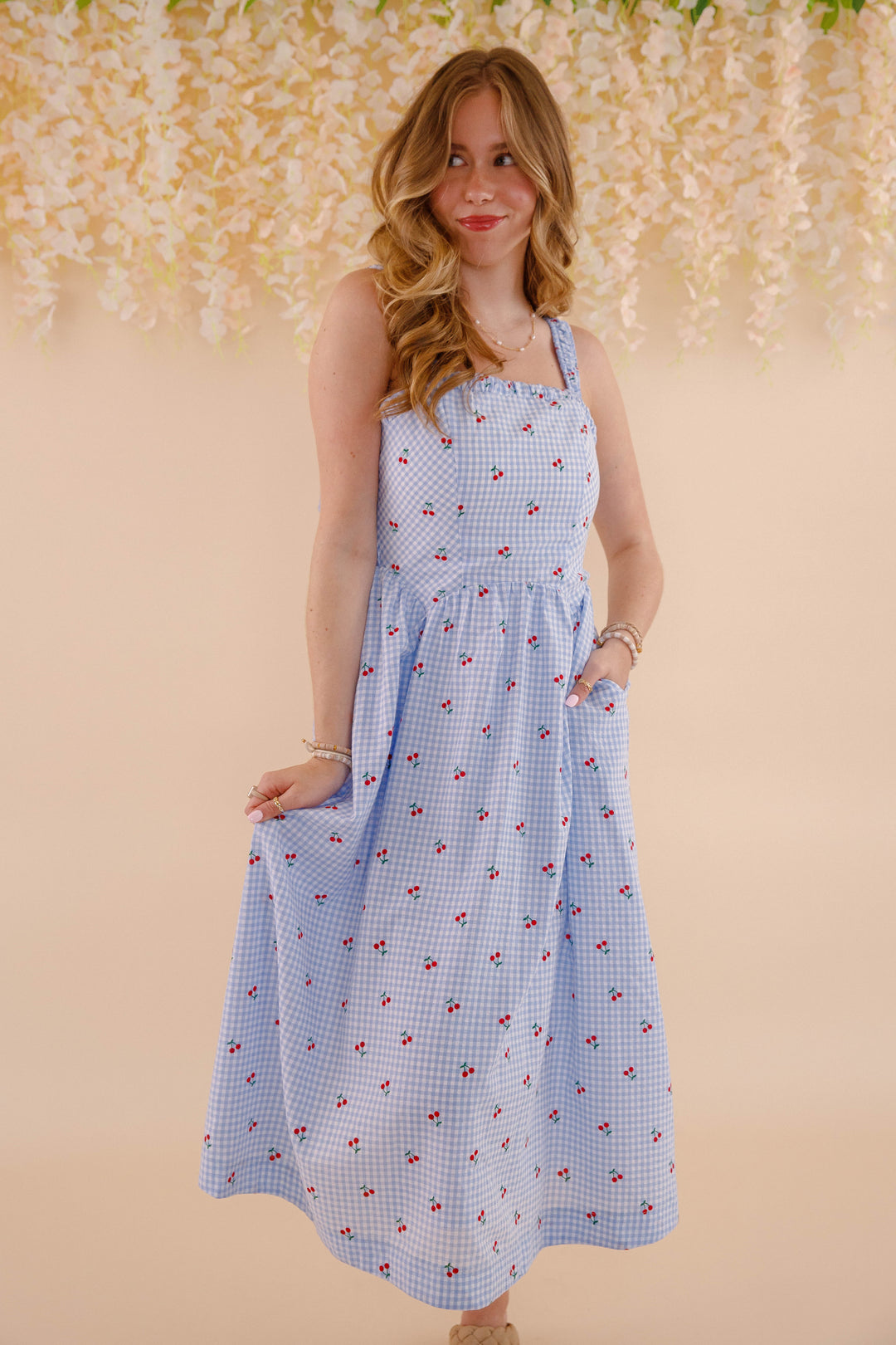 Cherry Print Gingham Dress- Women's Blue and White Gingham Midi