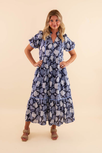 Blue Hydrangea Floral Print Midi Dress- Women's Navy Floral Dress- Entro Dresses