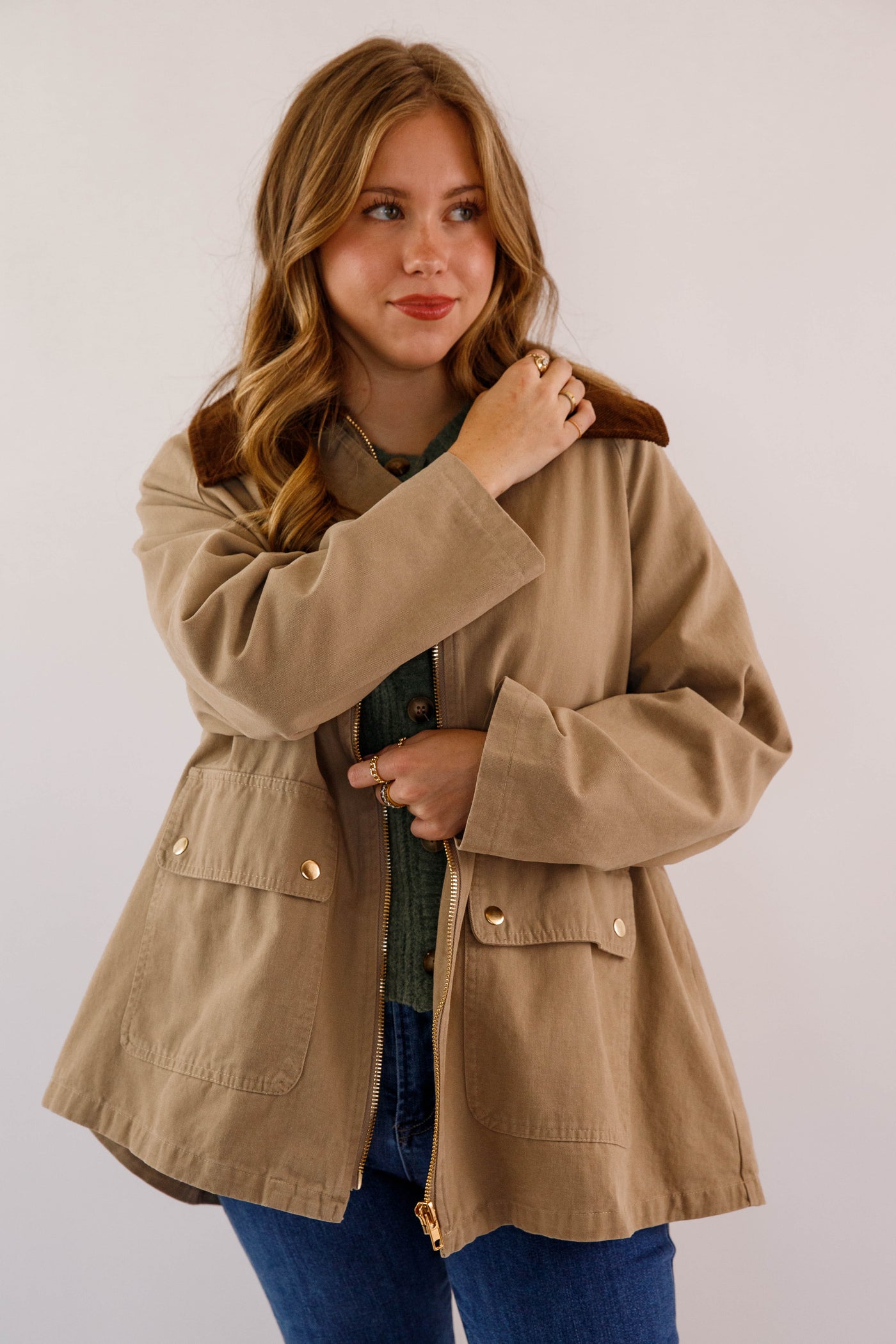 Women's Khaki Zip of Jacket- Women's Casual Jacket- In Loom Khaki Jacket with Gingham Lining