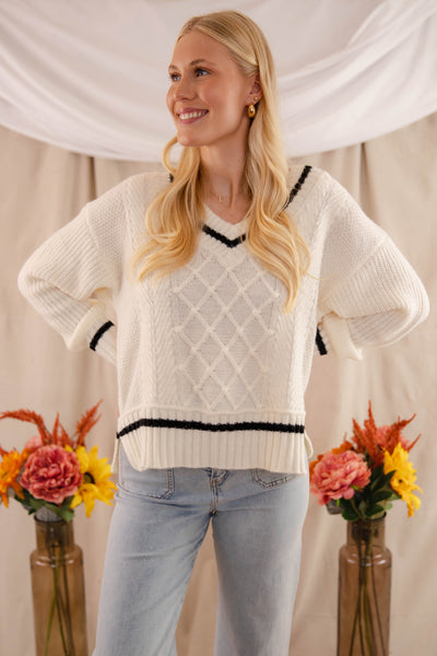 Cable Knit Ivory Sweater- Women's V-Neck Preppy Sweater- BluPepper Sweater