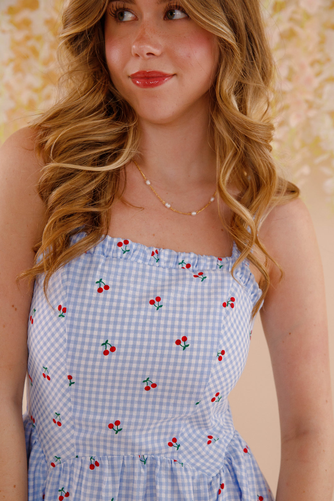 Cherry Print Gingham Dress- Women's Blue and White Gingham Midi Dress- &Merci Dresses Juliana's Boutique Cherry Print Gingham Dress- Women's Blue and White Gingham Midi Dress- &Merci Dresses Juliana's Boutique