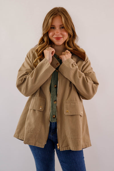 Women's Khaki Zip of Jacket- Women's Casual Jacket- In Loom Khaki Jacket with Gingham Lining