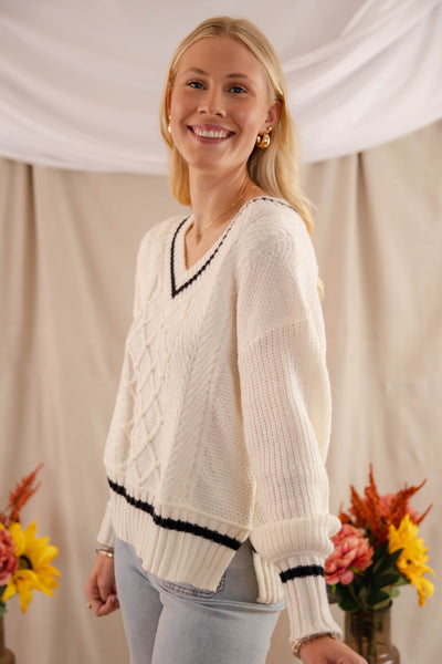 Cable Knit Ivory Sweater- Women's V-Neck Preppy Sweater- BluPepper Sweater