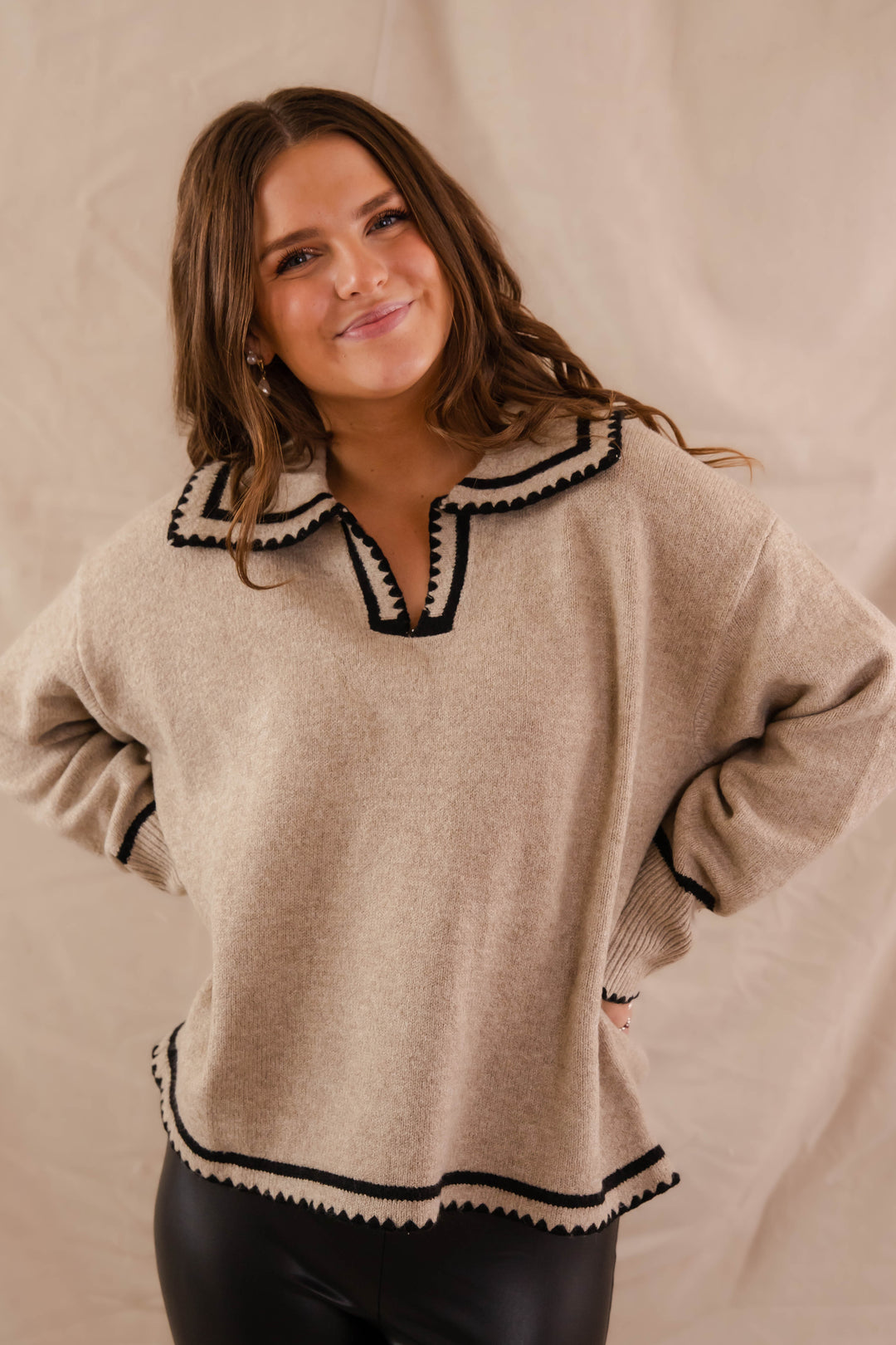 Taupe Sweater with Black Stitching- Women's Collar Sweater