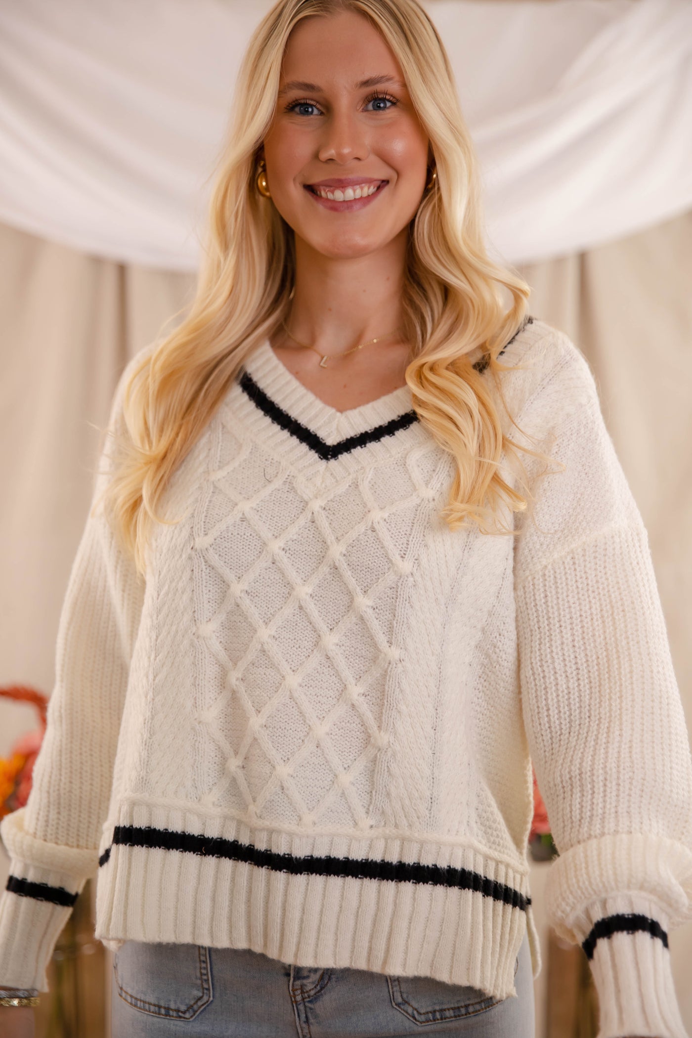 Cable Knit Ivory Sweater- Women's V-Neck Preppy Sweater- BluPepper Sweater