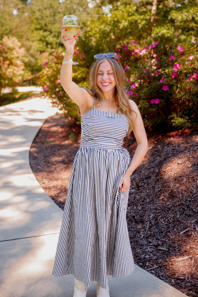 Women's Navy and Cream Striped Midi Dress- Classic Thin Striped Dress- TCEC Striped Dress
