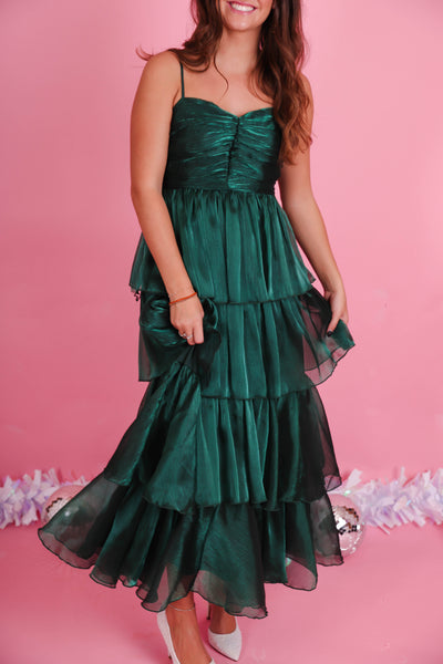 Women's Hunter Green Formal Dress- Women's Formal Ruffle Dress- Aakaa Maxi Dresses