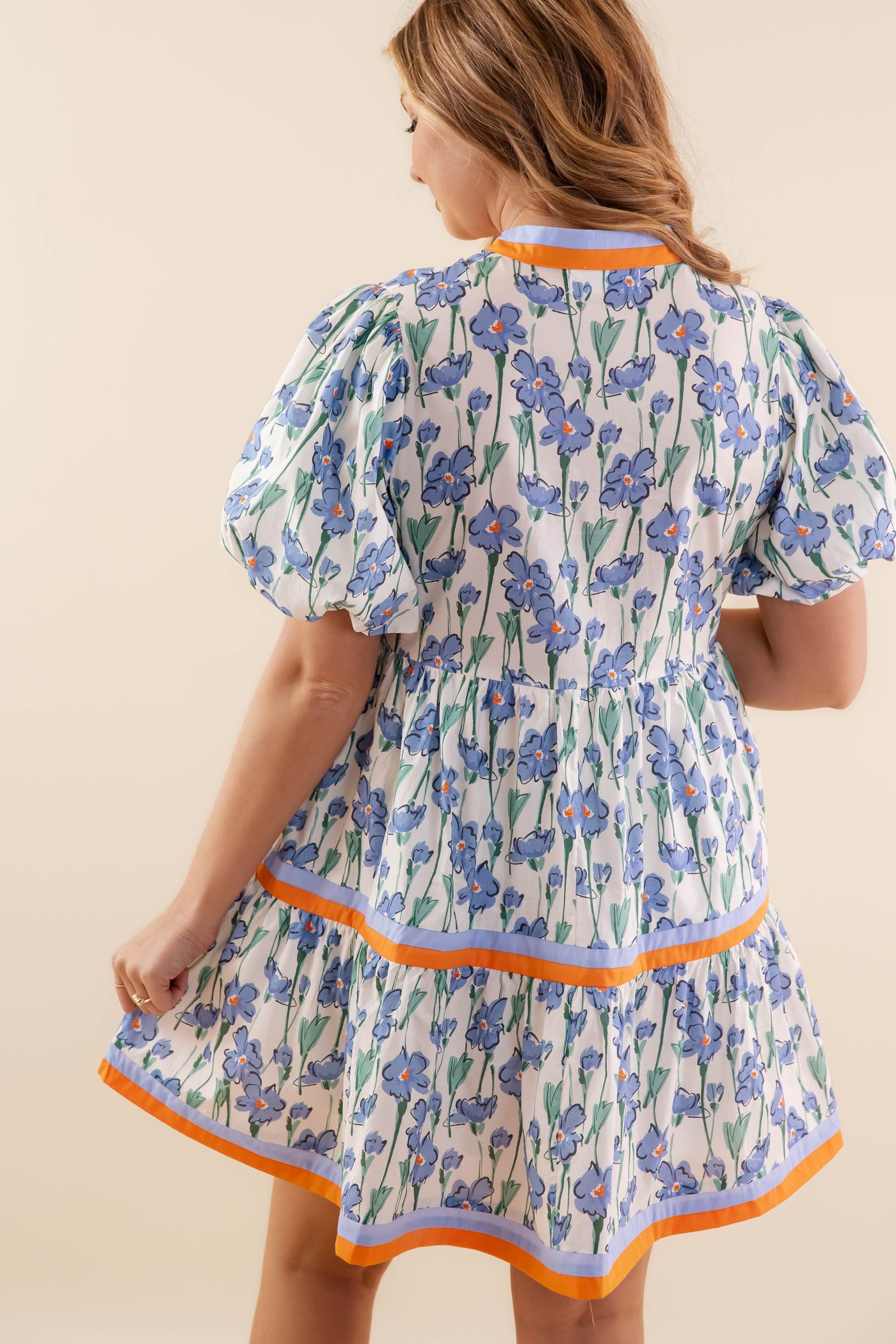 Blue Floral Print Dress- Women's Short Sleeve Bubble Dress- Women's Entro Dresses