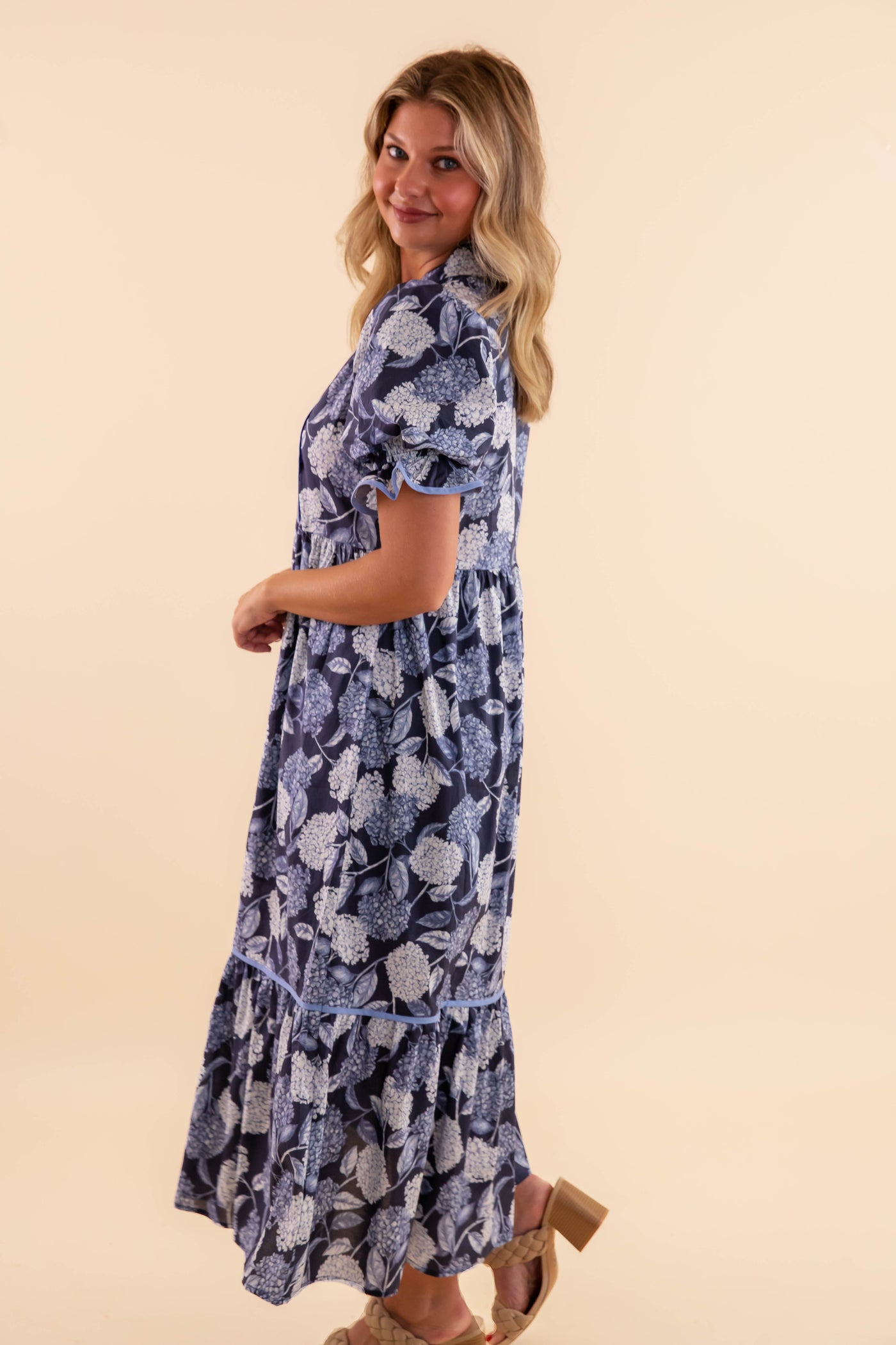 Blue Hydrangea Floral Print Midi Dress- Women's Navy Floral Dress- Entro Dresses