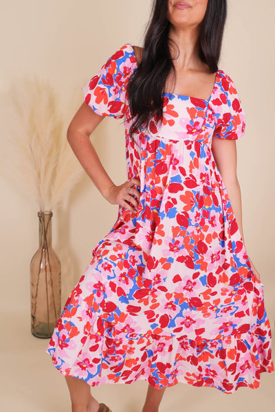 Hot Pink Midi Dress- Bright Floral Print Dress- In The Beginning Midi Dress