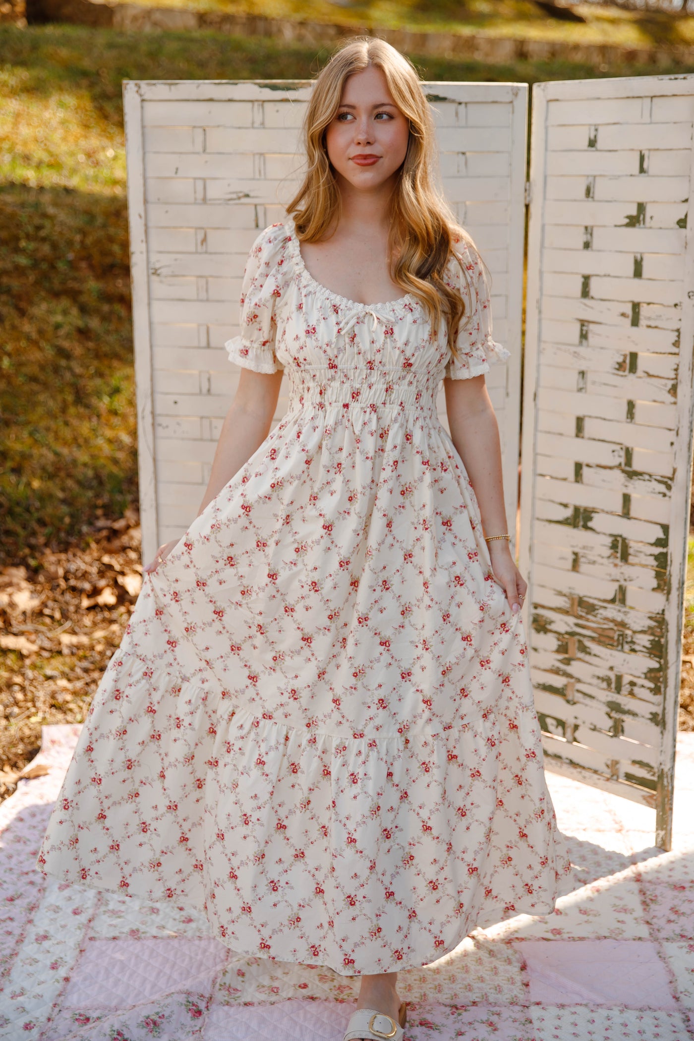 cream floral maxi dress Smocked with Pockets – Romantic Cottage Dress Small scoop neck Dress Kacey Sheer Lace Maxi None Model Color:Frost