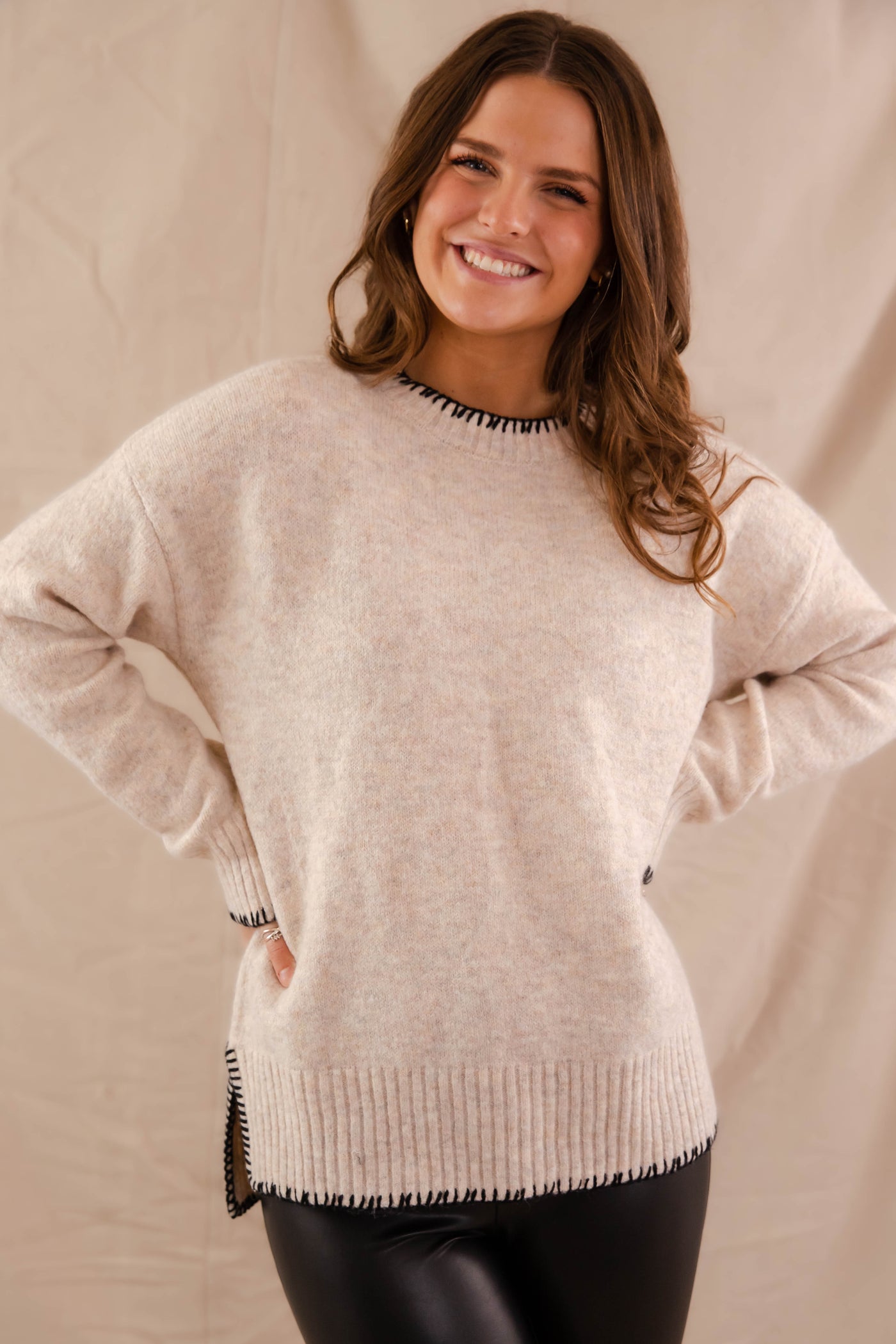 Women's Classic Style Sweater- Taupe Sweater with Black Stitch Detail