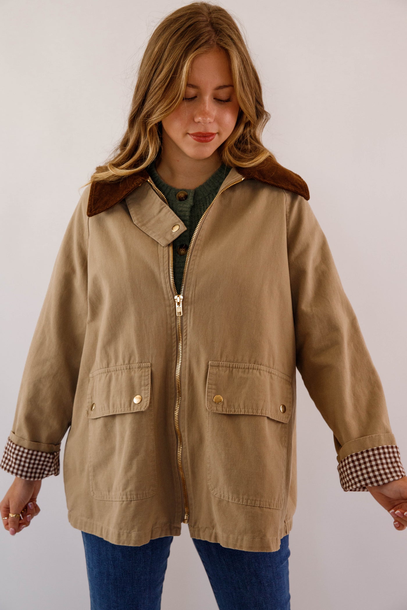 Women's Khaki Zip of Jacket- Women's Casual Jacket- In Loom Khaki Jacket with Gingham Lining