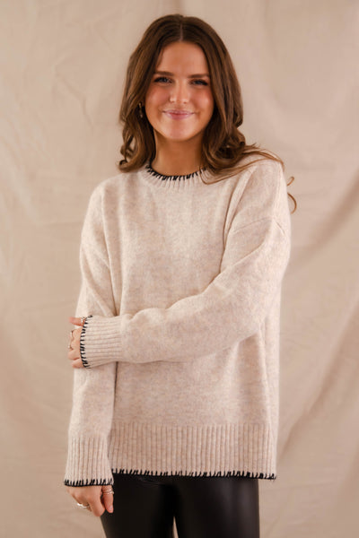 Women's Classic Style Sweater- Taupe Sweater with Black Stitch Detail