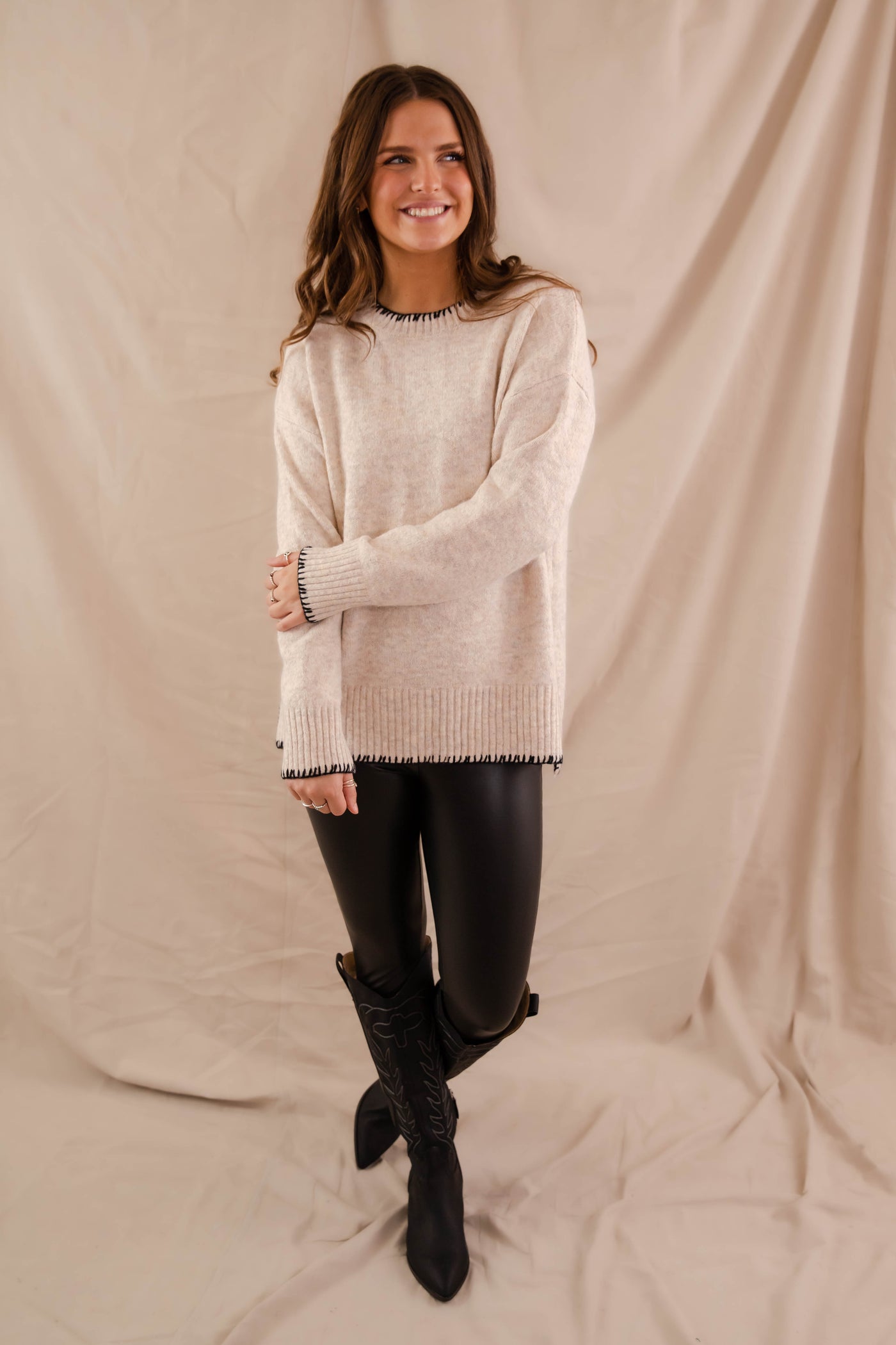 Women's Classic Style Sweater- Taupe Sweater with Black Stitch Detail