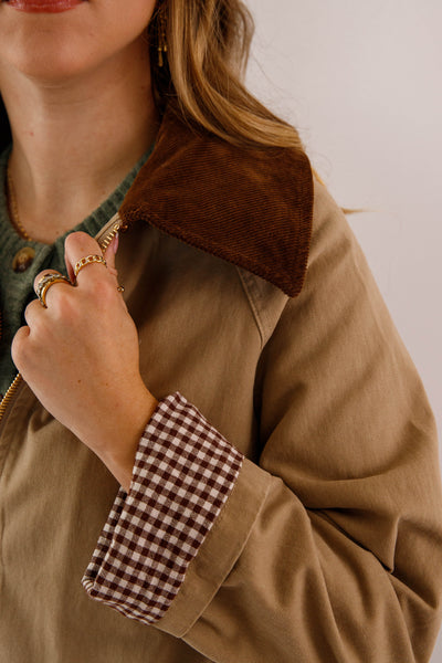 Women's Khaki Zip of Jacket- Women's Casual Jacket- In Loom Khaki Jacket with Gingham Lining