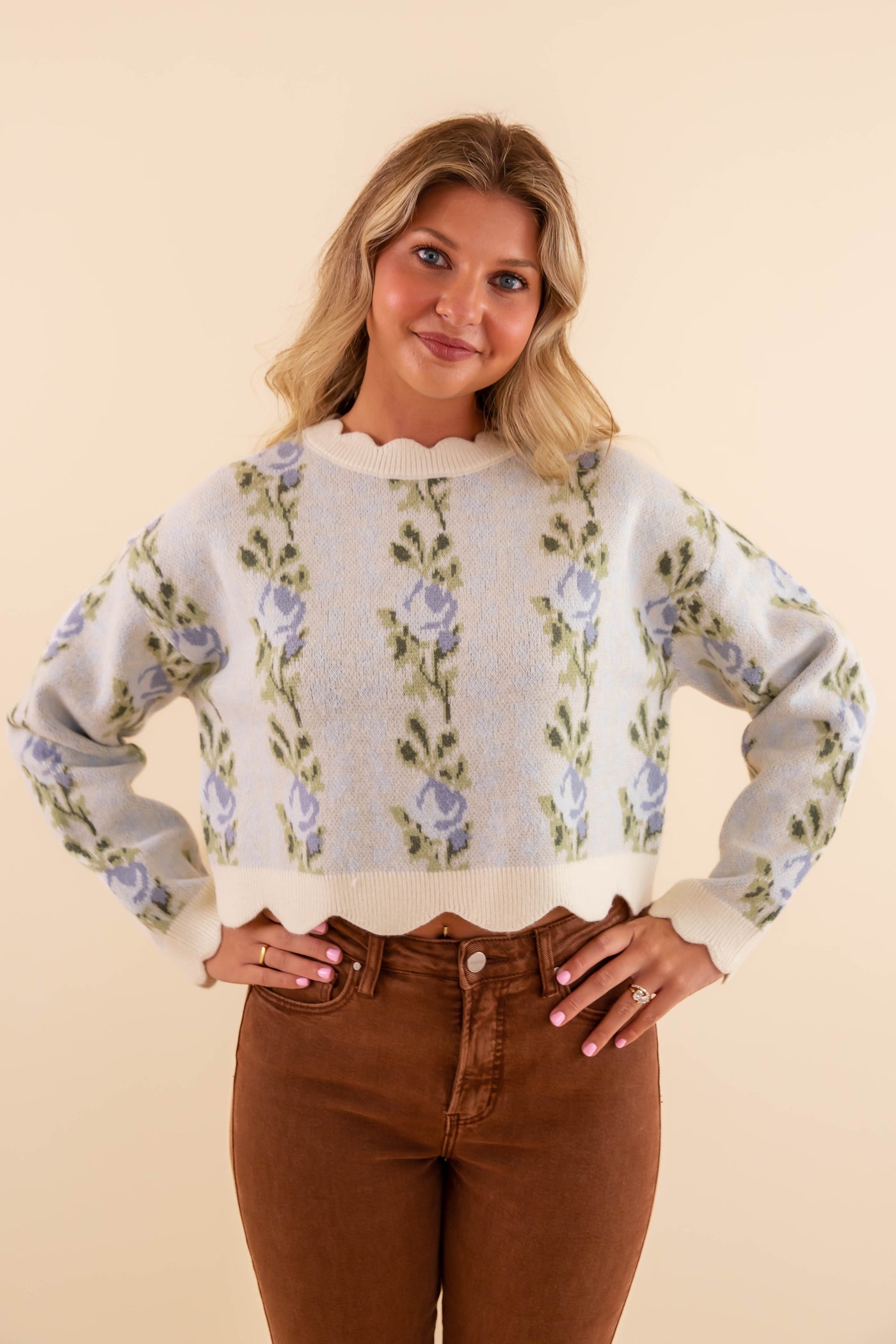Floral Scalloped  Sweater- Preppy Floral Sweater- Mable Floral Sweater