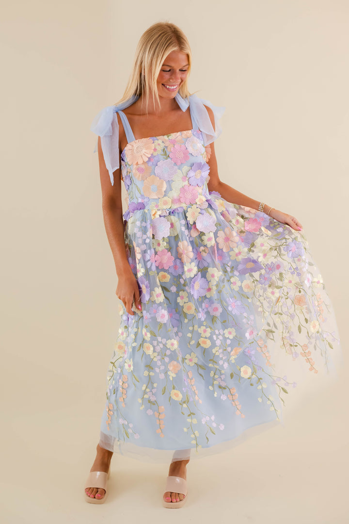 Light Blue Floral Embroidered Maxi Dress- Tulle 3d Flower