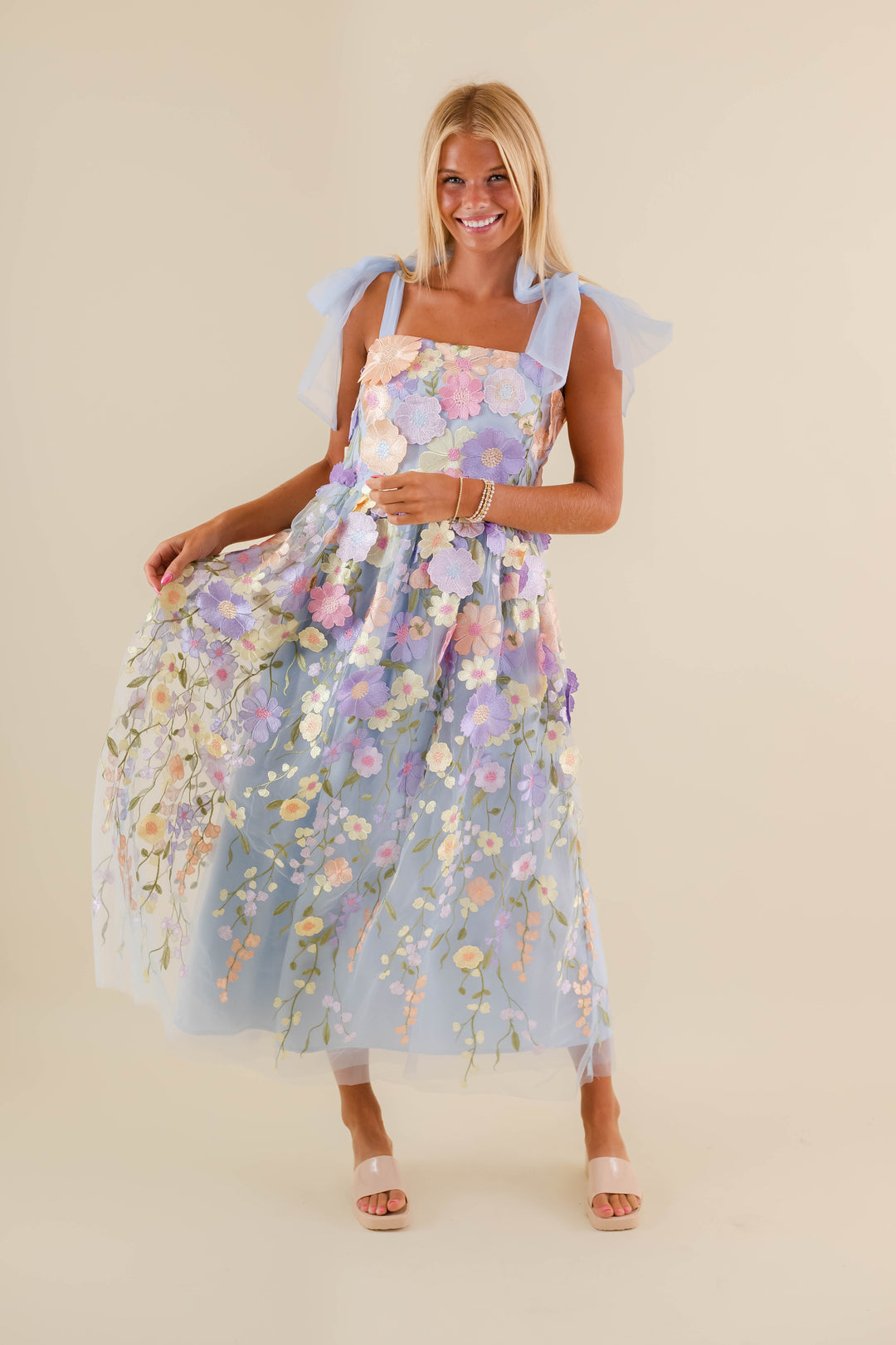 Light Blue Floral Embroidered Maxi Dress- Tulle 3d Flower Dress