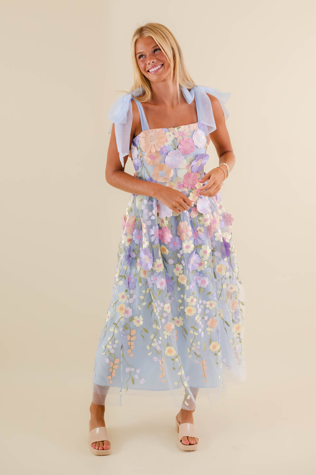 Light Blue Floral Embroidered Maxi Dress- Tulle 3d Flower Dress- Just Me  Flower Maxi Dress – Juliana's Boutique