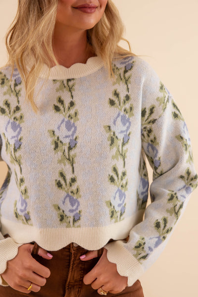 Floral Scalloped  Sweater- Preppy Floral Sweater- Mable Floral Sweater