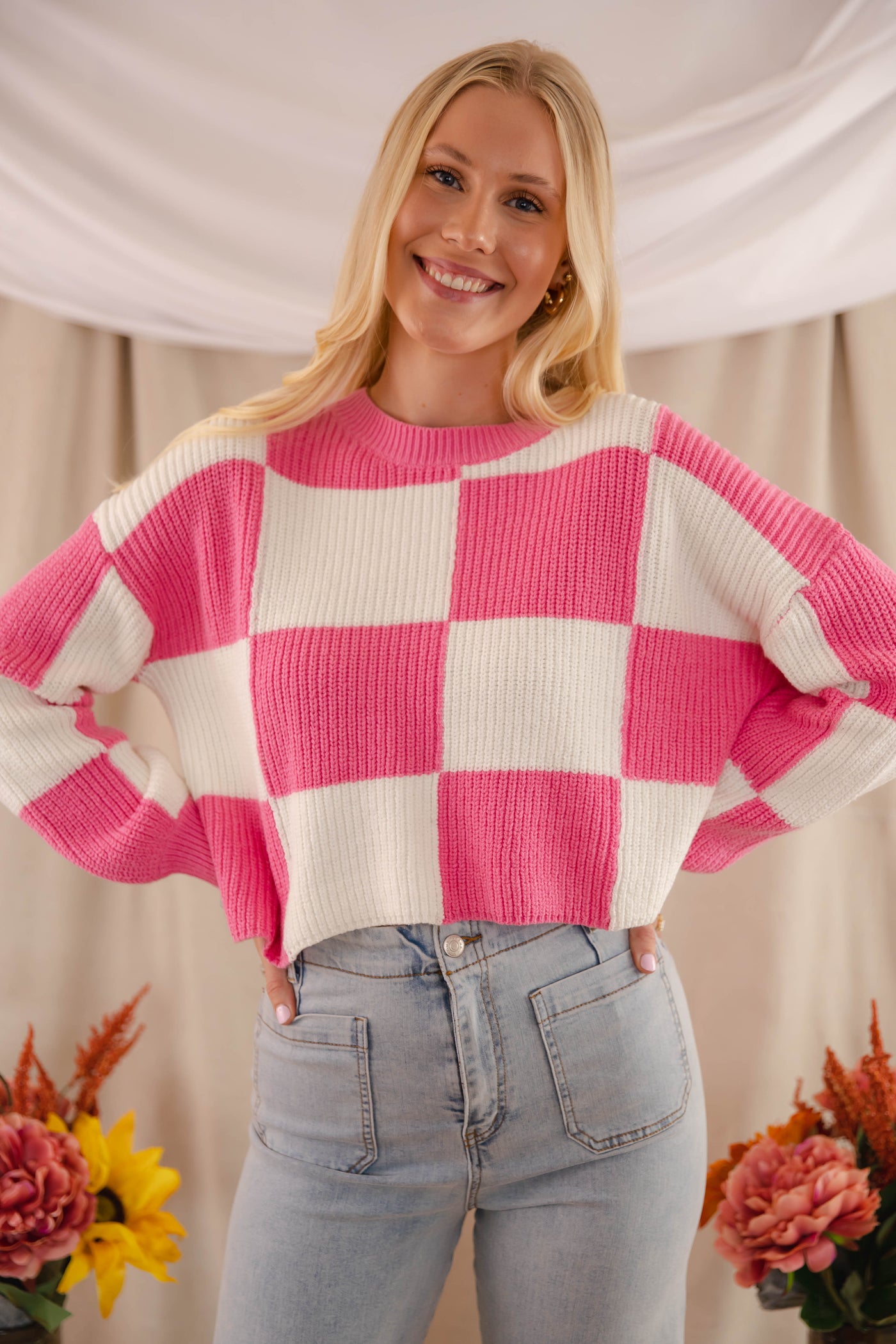 Women's Checkered Sweater- Women's Trendy Sweaters- Fun Check Sweater