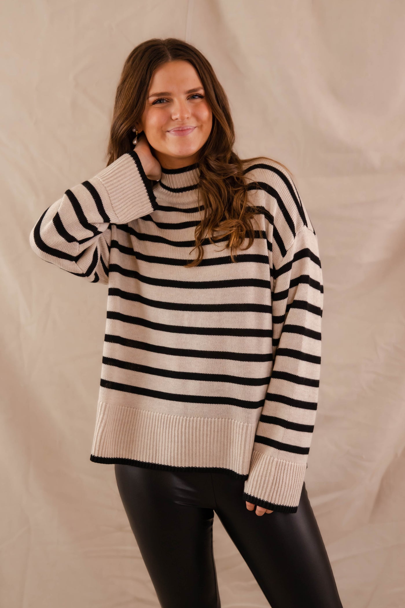 Stripe Knit Turtleneck Sweater- Black and Taupe Stripe Sweater for Women