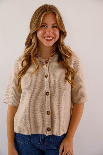 Women's Taupe Button Up Cardigan-  Classic Taupe Short Sleeved Cardigan- Miss Love Taupe Cardigan