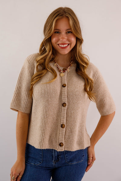 Women's Taupe Button Up Cardigan-  Classic Taupe Short Sleeved Cardigan- Miss Love Taupe Cardigan
