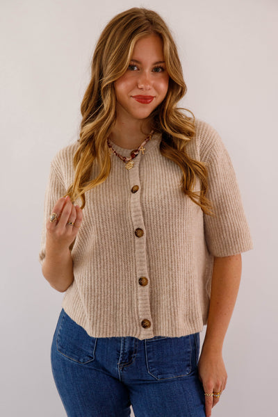 Women's Taupe Button Up Cardigan-  Classic Taupe Short Sleeved Cardigan- Miss Love Taupe Cardigan