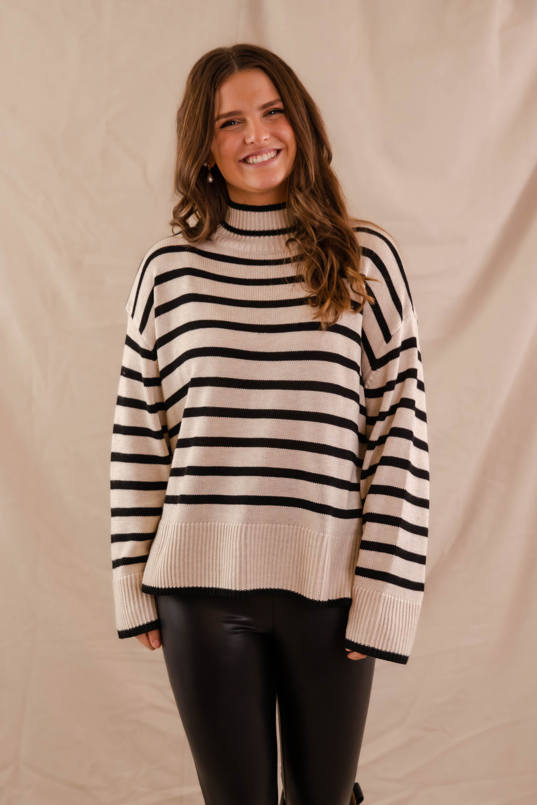 Stripe Knit Turtleneck Sweater- Black and Taupe Stripe Sweater for