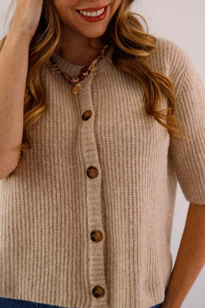 Women's Taupe Button Up Cardigan-  Classic Taupe Short Sleeved Cardigan- Miss Love Taupe Cardigan