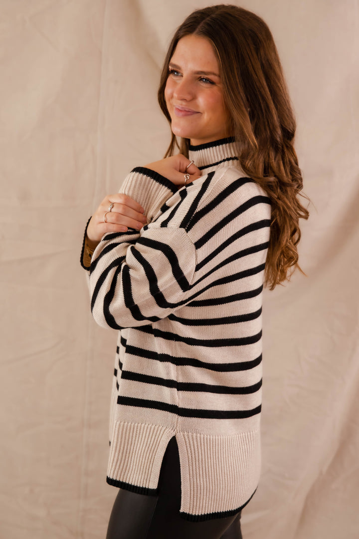 Stripe Knit Turtleneck Sweater- Black and Taupe Stripe Sweater for
