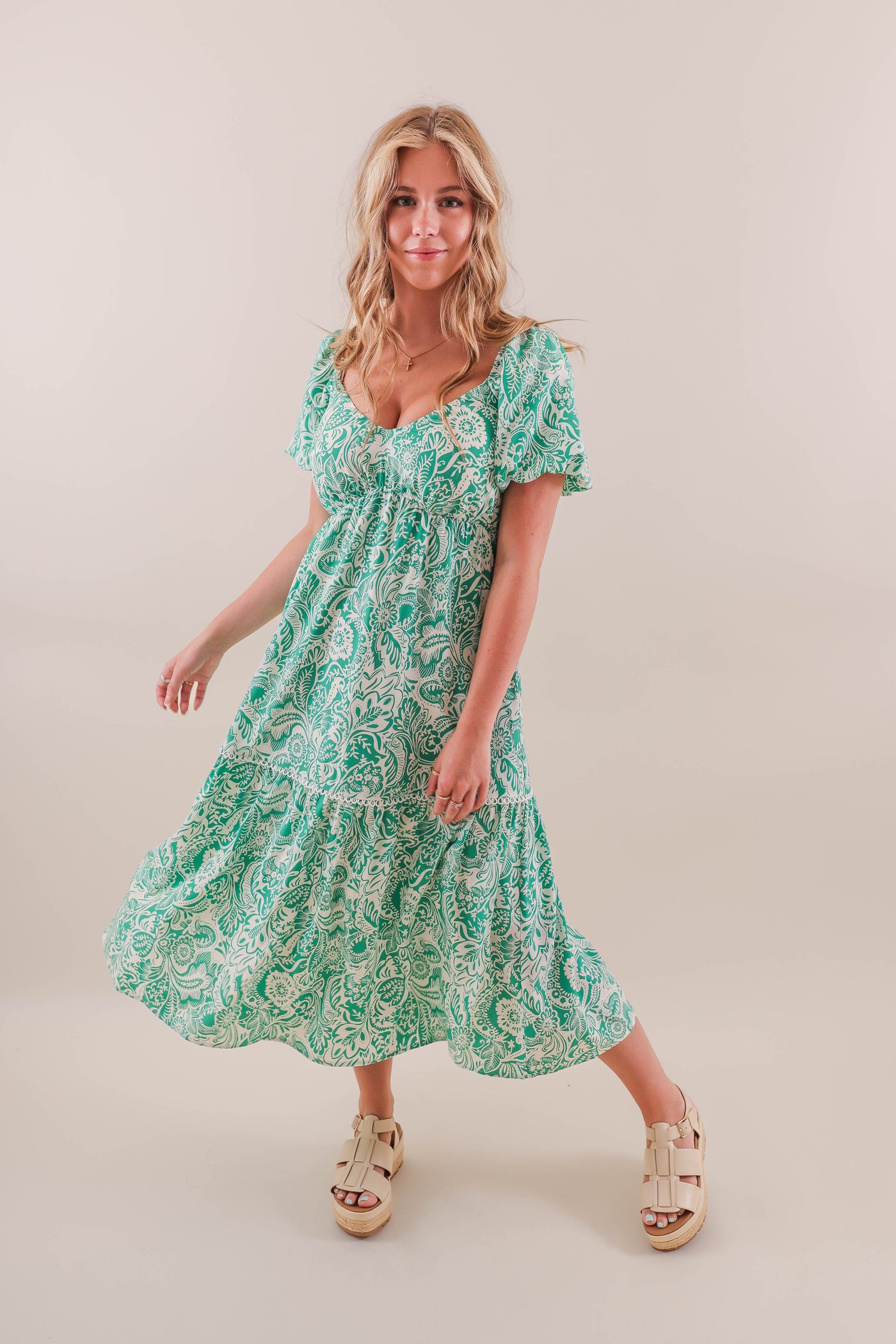 Women's Green Print Midi Dress- Paisley Green Midi Dress- She + Sky Dresses