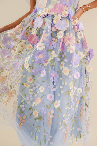 Light Blue Floral Embroidered Maxi Dress- Tulle 3d Flower Dress- Just Me Flower Maxi Dress