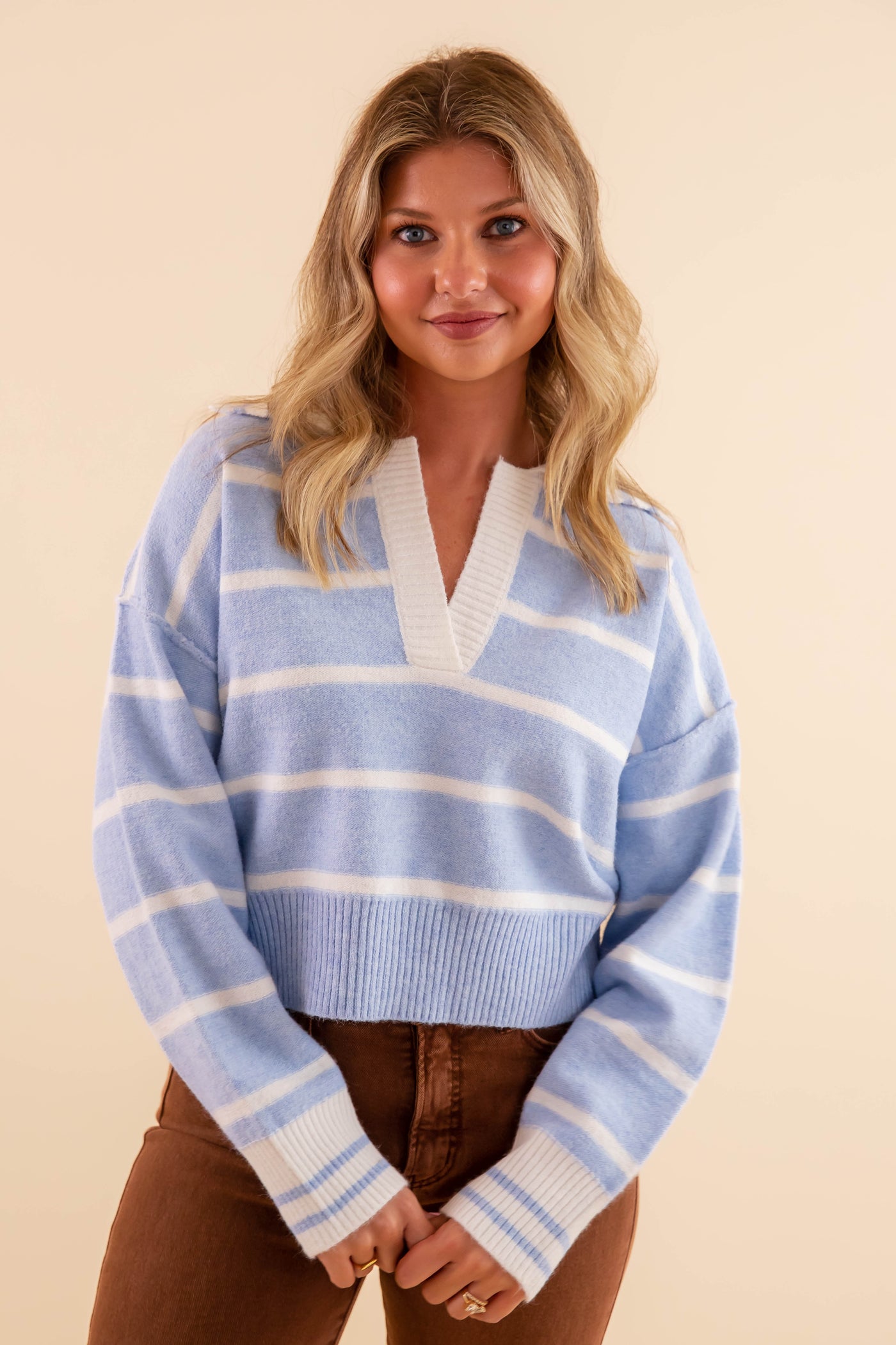 Blue and White Stripe Pullover Sweater- Women's Soft Collar Sweater- Creamon Sweater