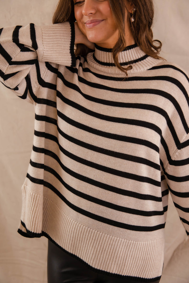 Stripe Knit Turtleneck Sweater- Black and Taupe Stripe Sweater for