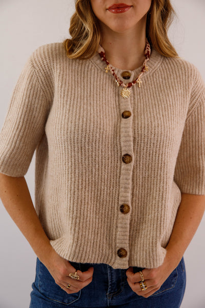 Women's Taupe Button Up Cardigan-  Classic Taupe Short Sleeved Cardigan- Miss Love Taupe Cardigan